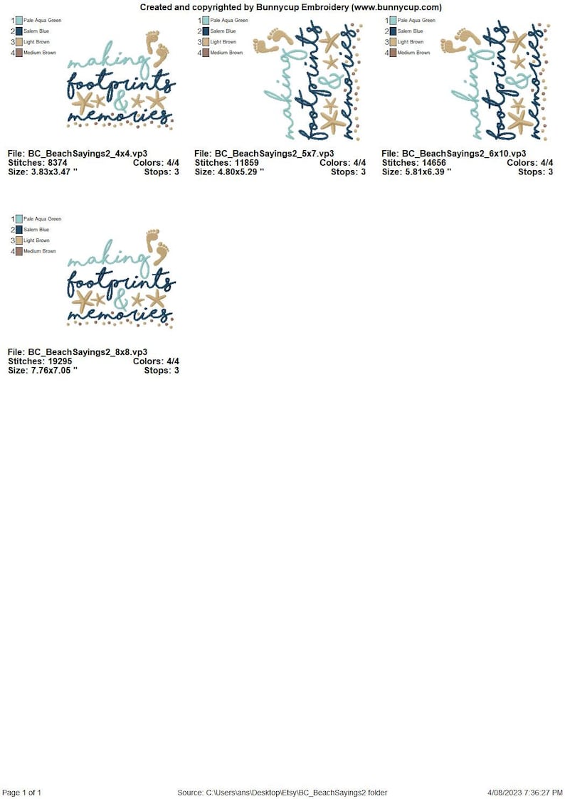 May include: A digital embroidery design featuring the text "making footprints & memories" in blue and brown lettering. The design also includes a pair of footprints and three starfish in pale blue and brown.