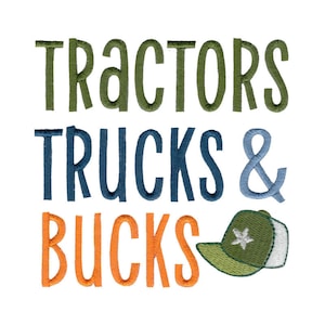 May include: Green, blue, and orange embroidered text that reads "Tractors Trucks & Bucks" with a green and white baseball cap with a white star on the side.