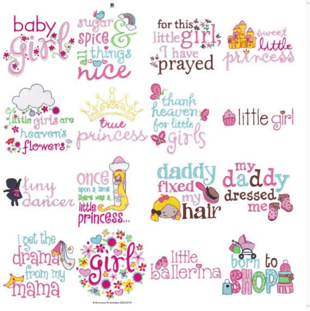Baby Girl Sentiments Filled Stitch Machine Embroidery Designs 4x4 5x7