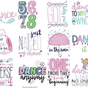 Dance Sentiments 12 Different Filled Stitch Machine Embroidery Designs 4x4 5x7 and some 6x10