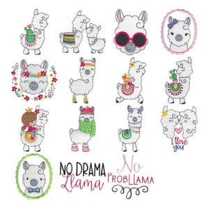May include: A selection of embroidered llama designs. Some llamas are depicted with sunglasses, floral headbands, and scarves. The phrases "No Drama Llama" and "No Probllama" are also featured in the design.