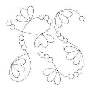 Puede incluir: Un dibujo lineal en blanco y negro de un diseño floral. El diseño presenta líneas curvas, elementos en forma de pétalos y pequeños círculos dispuestos en un patrón simétrico. La estética general es delicada e intrincada.