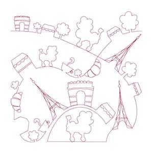 May include: A whimsical illustration in burgundy featuring iconic Parisian elements. The design includes the Eiffel Tower, Arc de Triomphe, poodle silhouettes, croissants, and cafe awnings, creating a charming, travel-themed composition.