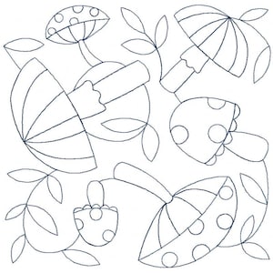 May include: A black and white line drawing of several mushrooms with dotted caps and curved stems, interspersed with leaves. The mushrooms vary in size and shape, creating a whimsical, nature-inspired design.