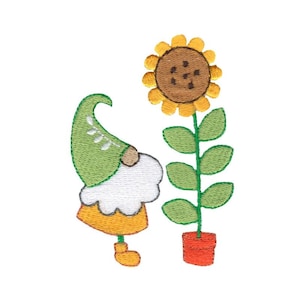 Boy Gnome and Sunflower Pot - Conception de broderie à la machine - Tailles 4x4 et 5x7 incluses - Design de broderie de printemps, Design de broderie Gnome