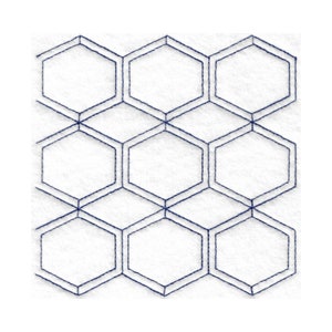May include: A white background with a repeating pattern of dark blue outlined hexagons.