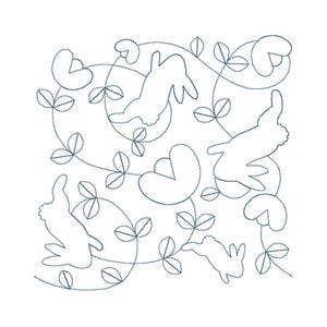 May include: A black and white line drawing of a repeating pattern of bunnies and hearts. The bunnies are in various poses and the hearts are in a simple shape. The pattern is surrounded by a border of leaves.