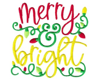 Merry & Bright Embroidery Design - 4x4 5x7 6x10 Sizes Included - Christmas Saying Embroidery Design, Christmas Embroidery Design