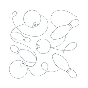 May include: A white background features a line drawing of bowling pins and bowling balls. The bowling balls have three small circles, and the pins have a stripe near the top. The lines curve and loop around the bowling pins and balls.