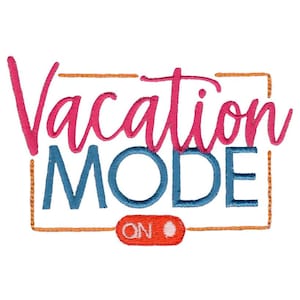 May include: An embroidered patch featuring the pink cursive text Vacation above the blue block-letter text MODE, enclosed in an orange rectangular outline. Below the text is an orange oval containing the white text ON with a small white circle.