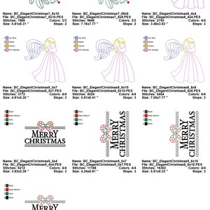 May include: A set of 10 embroidery designs featuring Christmas themes. The designs include a mistletoe sprig, an angel, and the words "Merry Christmas" with candy canes. The designs are available in various sizes, ranging from 3.83 inches by 2.39 inches to 7.76 inches by 9.33 inches.