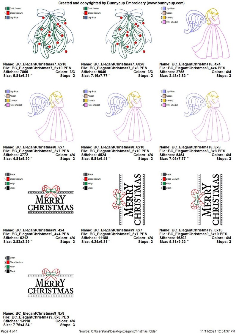 May include: A set of 10 embroidery designs featuring Christmas themes. The designs include a mistletoe sprig, an angel, and the words "Merry Christmas" with candy canes. The designs are available in various sizes, ranging from 3.83 inches by 2.39 inches to 7.76 inches by 9.33 inches.