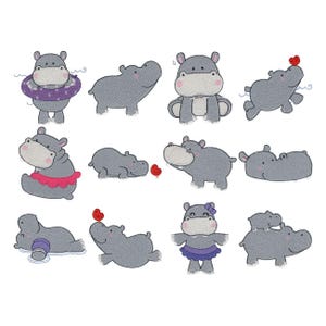 Hippos - 12 Machine Embroidery Designs - 3x3 4x4 5x5 Inch Sizes Included - Hippo Embroidery Designs, Hippopotamus Embroidery Designs