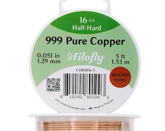 May include: A spool of round copper wire, labeled as 16 gauge, half-hard, and 999 pure copper. The spool contains 5 feet (1.53 m) of wire, with a diameter of 0.051 inches (1.29 mm). The label includes the Filofly logo and the text "ROUND WIRE."