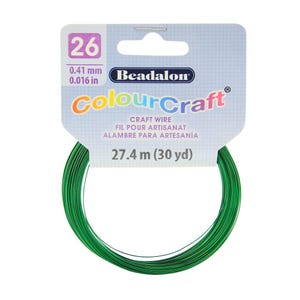 May include: Green craft wire, 26 gauge, 0.016 inches thick, Beadalon ColourCraft brand, 27.4 meters (30 yards) long.