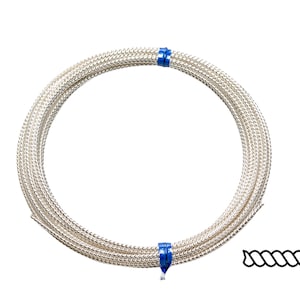 May include: A spool of silver-colored twisted wire, with blue plastic ends. The wire is coiled in a circle.