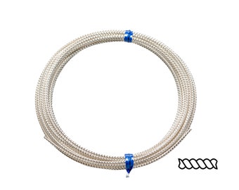 May include: A spool of silver-colored twisted wire, with blue plastic ends. The wire is coiled in a circle.