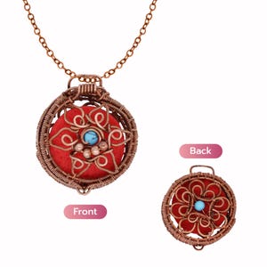 May include: A copper wire-wrapped pendant necklace featuring a circular frame, a red felt center, and a central turquoise bead. The pendant displays a decorative wire swirl pattern. The image includes labels for Front and Back views of the piece.