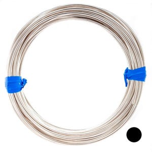 May include: A coil of silver-colored wire, secured with blue tape at two points. The wire is tightly wound, creating a circular shape. The background is plain white, highlighting the metallic sheen of the wire. A black circle is in the bottom right corner.