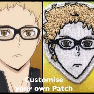 May include: A custom embroidered patch of a cartoon character with blonde hair wearing glasses. The patch is on a yellow and green fabric background. The text "Customise your own Patch" is below the patch.
