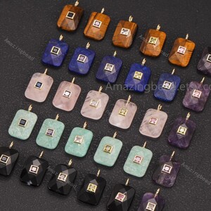 Natural gemstone rectangle pendant with inlaid square zircon charms Faceted rectangle pendant, Rose quartz ,Amazonite ,Tiger eye.