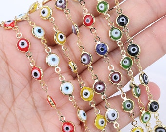 10 feet,Evil Eye Enamel Bead Rosary Chain,Red Lampwork Beads Gems Flat Round Beads Chains,Coin beads Plated Silver Wire Wrapped Link Chain