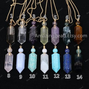 14 Gemstones Perfume Bottle Necklace,Faceted Hexagon Point Pendants,Gold Stainless Steel Chain Beaded Essential Oil Bottle Crystal Necklaces