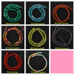 May include: Nine strands of gemstone beads in various colors, including green, blue, orange, and mixed hues. Each strand is labeled with a number and the type of stone, such as "Dyed quartz" and "Carnelian". The beads are arranged in circular patterns.