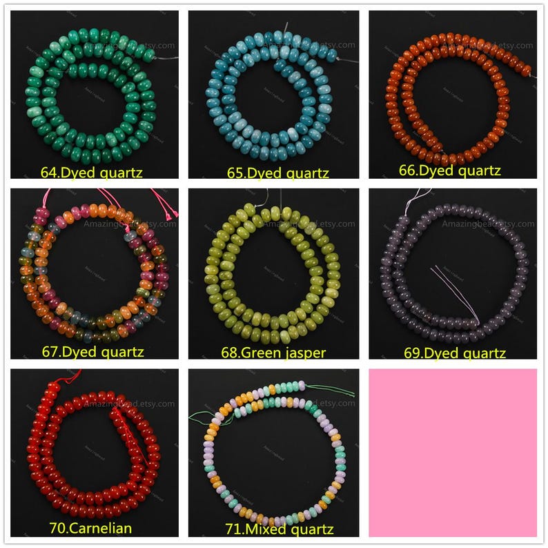 May include: Nine strands of gemstone beads in various colors, including green, blue, orange, and mixed hues. Each strand is labeled with a number and the type of stone, such as "Dyed quartz" and "Carnelian". The beads are arranged in circular patterns.