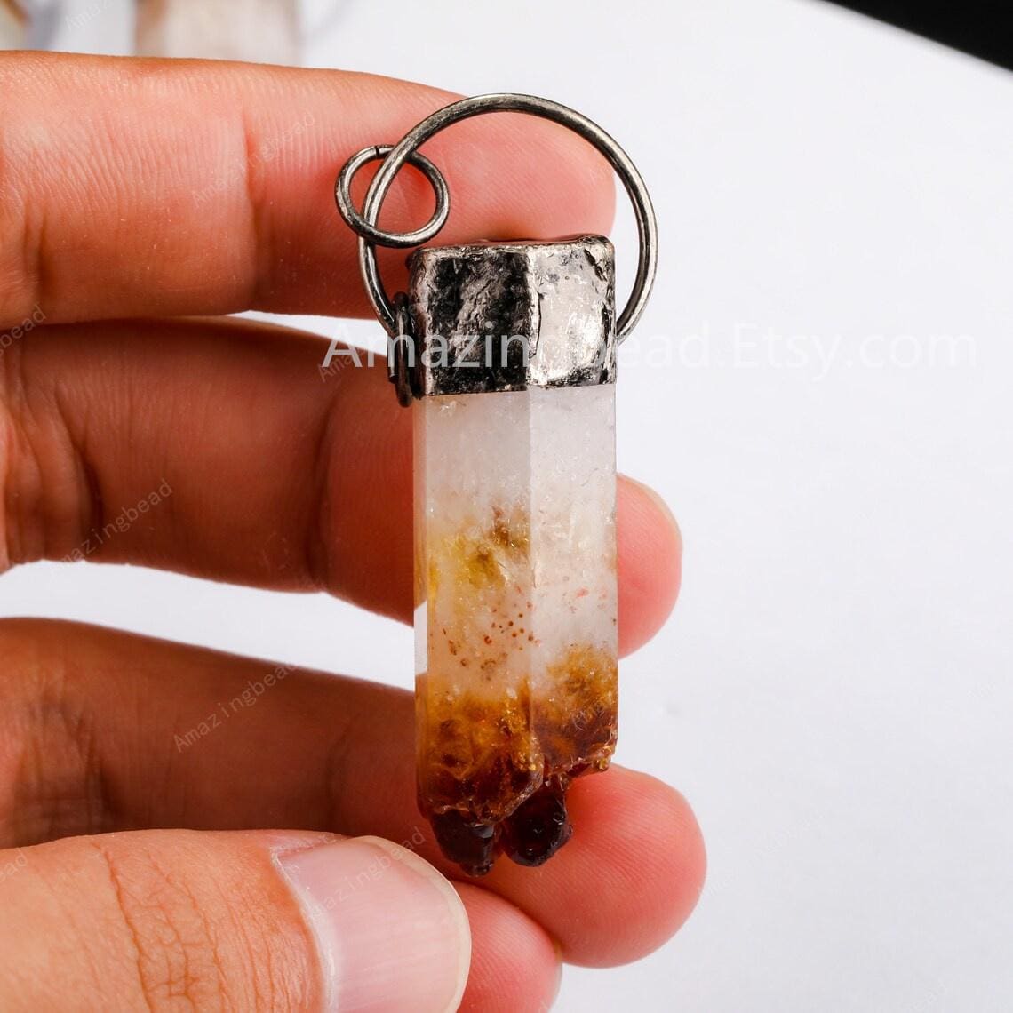 10PCS Natural Stone Pendants - Rectangular Quartz Gemstone Charms For Jewelry Making
