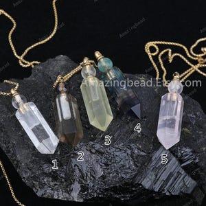Perfume Bottle Necklace,Faceted Hexagon Stones Point Pendant,Gold Stainless Steel Chain Necklace,Quartz Crystal,Fluorite Diffuser Vial Charm