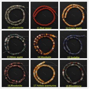 May include: Nine separate images of gemstone bead strands. The gemstones include labradorite, red jasper, crazy agate, moss agate, mookaite, sodalite, rhodonite, yellow aventurine, and bloodstone. Each strand is a different color and texture.