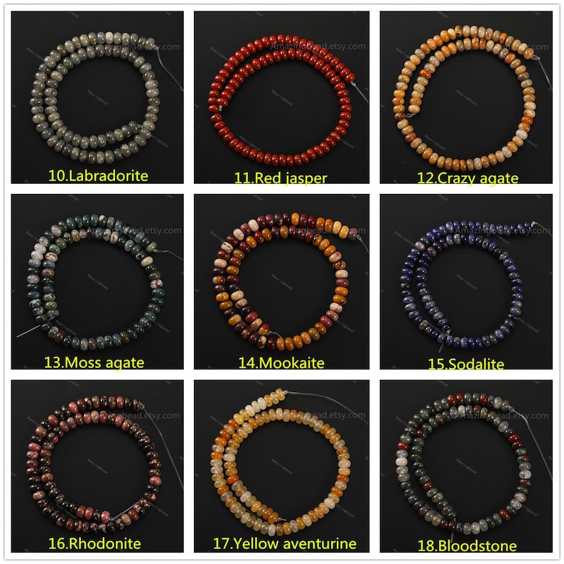May include: Nine separate images of gemstone bead strands. The gemstones include labradorite, red jasper, crazy agate, moss agate, mookaite, sodalite, rhodonite, yellow aventurine, and bloodstone. Each strand is a different color and texture.