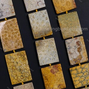 May include: Close-up of a necklace featuring rectangular coral beads in shades of beige, brown, and gold. The beads have a textured, porous surface and are strung together with gold-colored string. The background is black.