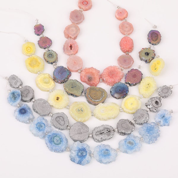 Natural Druzy Sun Flower Loose Beads Drilled Agate Charms for Jewelry Making,9pcs/str Natural Drusy Agate Solar Quartz Cabochons Pendants