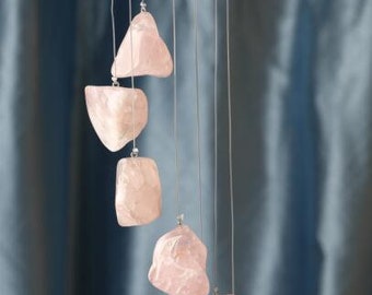 Rose Quartz Wind Chimes Home Decor,Rock Crystal Windchime,Rough Stone Wind Chime Room Decor,Gift for her