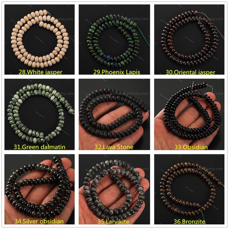 May include: A collection of gemstone bead strands, including white jasper, Phoenix Lapis, Oriental jasper, Green dalmatin, Lava Stone, Obsidian, Silver obsidian, Larvikite, and Bronzite. Each strand is a different color and texture, perfect for jewelry making.