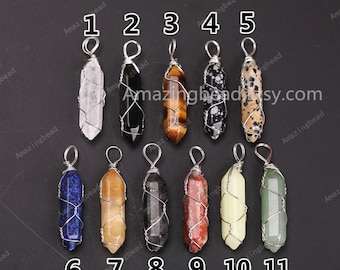 Crystal point wire wrapped Necklaces,Gemstone Jewelry,Crystal Double Points Pendant,Amethyst/Agate/Aventurine Healing Crystal,Gift for Her.