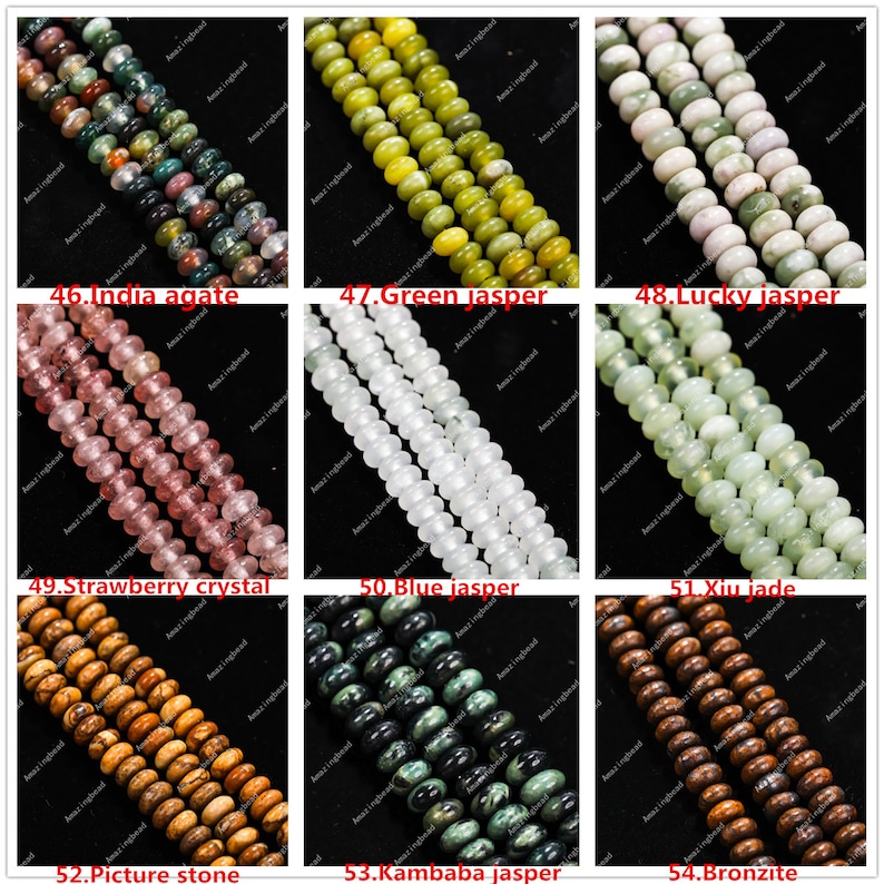 May include: A selection of gemstone bead strands in shades of green, pink, and brown. The image shows various bead types, including "India agate," "Green jasper," and "Strawberry crystal." The beads are round and polished, suitable for jewellery making.