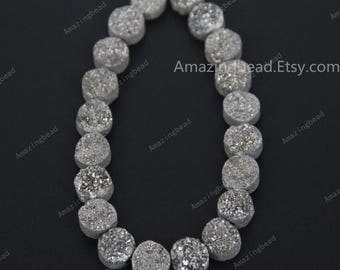 10mm&20PCS,Silver Titanium Druzy Drusy Quartz Agate Flat Round Coin Beads Cabochons,Druzy Agate Beads Gemstone Beads for Jewelry Making