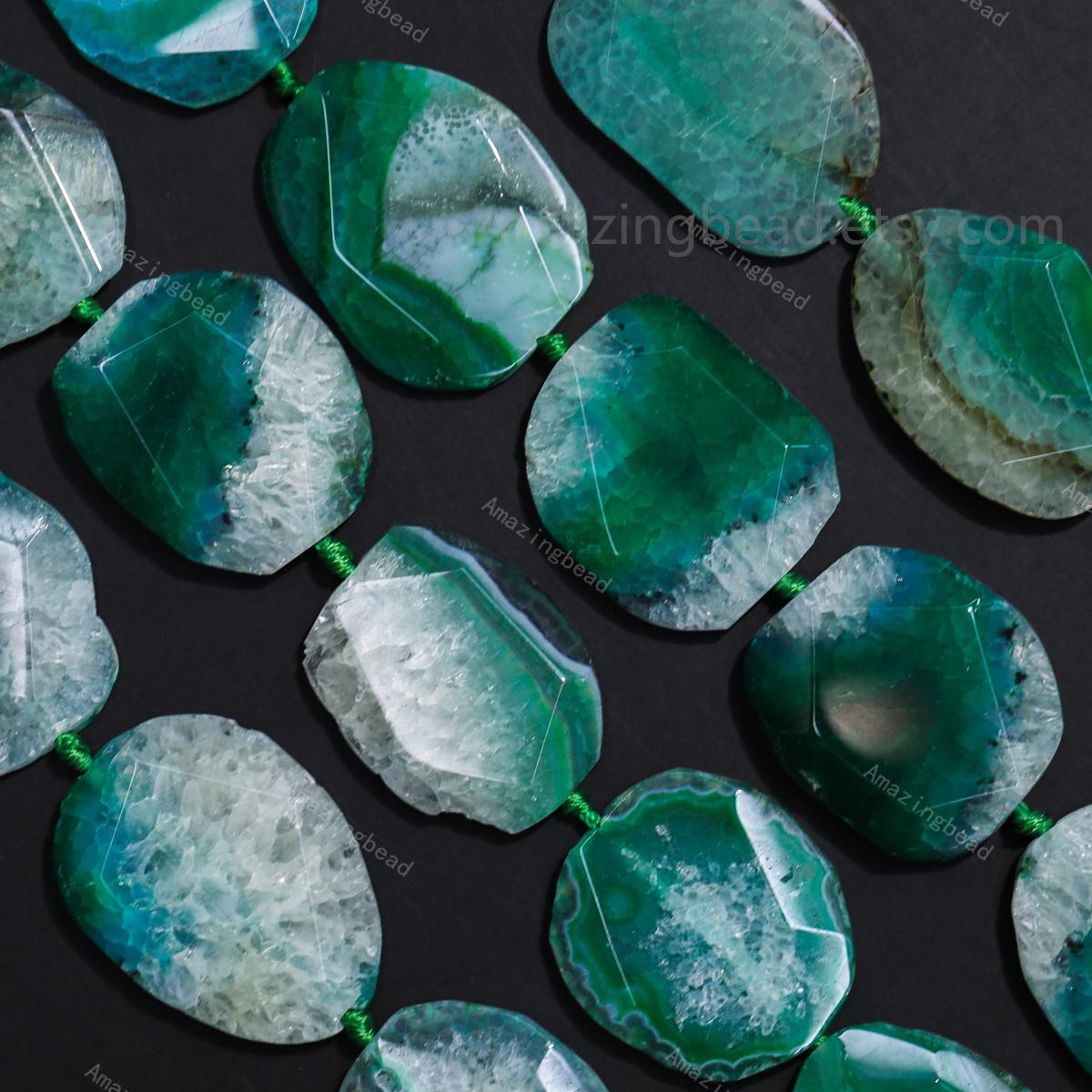 Dyed Green Dragon Agate Faceted Irregular Oval Beads, Smooth