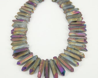 15.5 inches Strand Beads Of Mystic Titanium Purple Natural Quartz Crystal Stones Point Stick Pendants Necklace DIY Jewelry Making