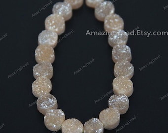 Natural Druzy Quartz Agate Slab Loose Beads Cabochons Pendant Bulk,Drilled Round Shape Drusy Geode Stone Charm Necklace Light Champagne 10mm