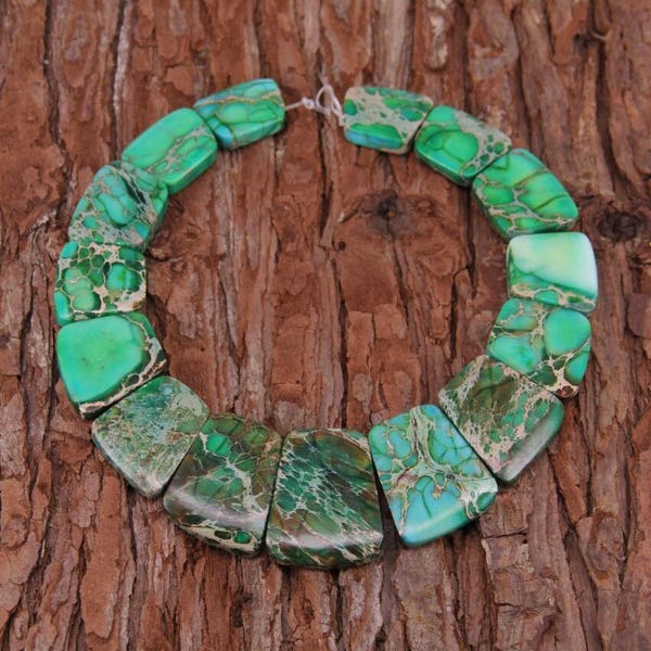 Large Size,Natural Green Sea sediment Jasper Beads,Graduated Trapezoid Statement Emperor Stone Necklace