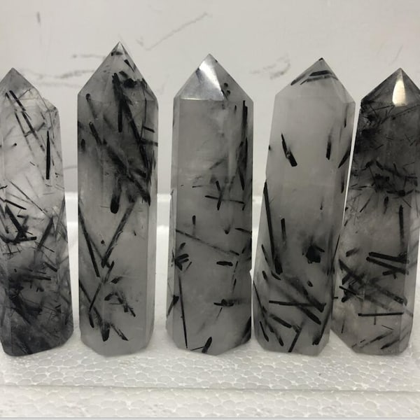 3.5-4.5inch Black Rutilated Quartz Crystal Tower,Point Obelisk Standing Point Meditation Tool,Healing Crystal Grid Supply Generator Decor