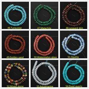 May include: Nine strands of beads in various colors and materials. The beads include turquoise, malachite, leopard skin, golden sand, watermelon glass, opalite, mixed stone, aquamarine, and dyed quartz. Each strand is labeled with a number and the type of bead.