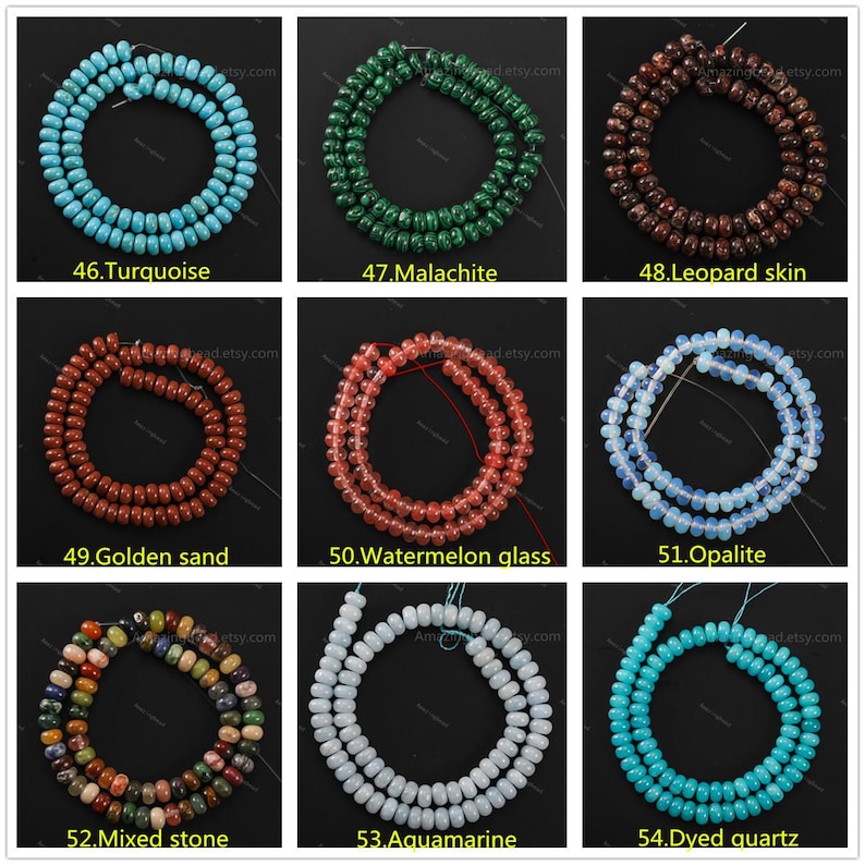 May include: Nine strands of beads in various colors and materials. The beads include turquoise, malachite, leopard skin, golden sand, watermelon glass, opalite, mixed stone, aquamarine, and dyed quartz. Each strand is labeled with a number and the type of bead.