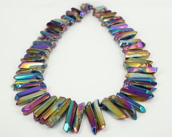 15.5 inches of strand Polished Rainbow Mystic Titanium Quartz Crystal Points Beads,Top Drilled Stick Gemstone pendants Bead Craft Suppies