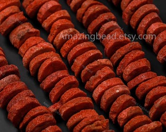 May include: Rows of red, disc-shaped beads are arranged closely together against a dark background. The beads have a textured surface and appear to be made of a natural material. The text "Amazingbead.etsy.com" is visible on the image. These beads are suitable for jewelry making.