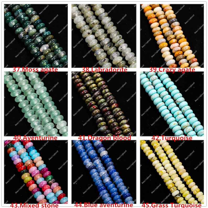 May include: A selection of gemstone beads, including moss agate, labradorite, crazy agate, aventurine, dragon blood, turquoise, mixed stone, blue aventurine, and grass turquoise. Each strand has a unique colour and texture.